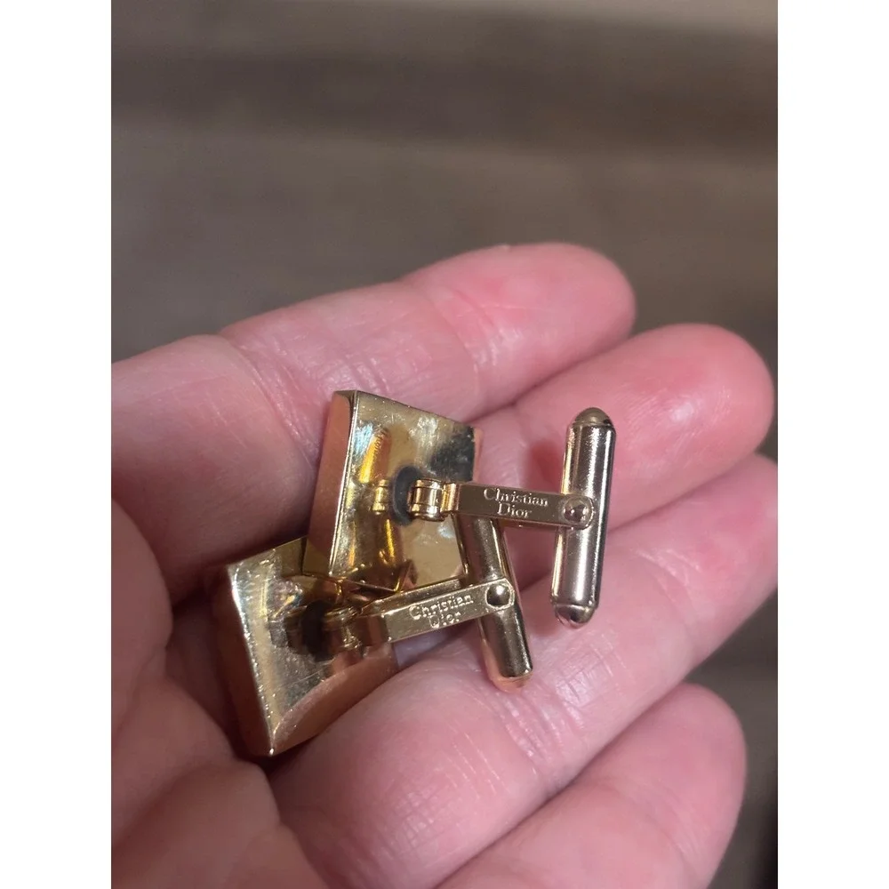 Christian Dior Vintage Cufflinks Gold & Silver Toned Burgundy Wood Inlay